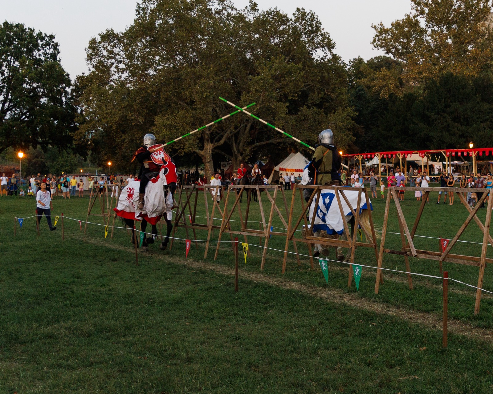 Two knights meeting at the tilt with lances raised
