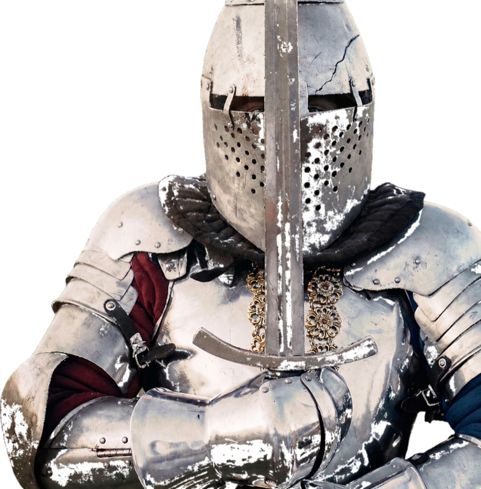 A knight in full plate armour holding a sword
