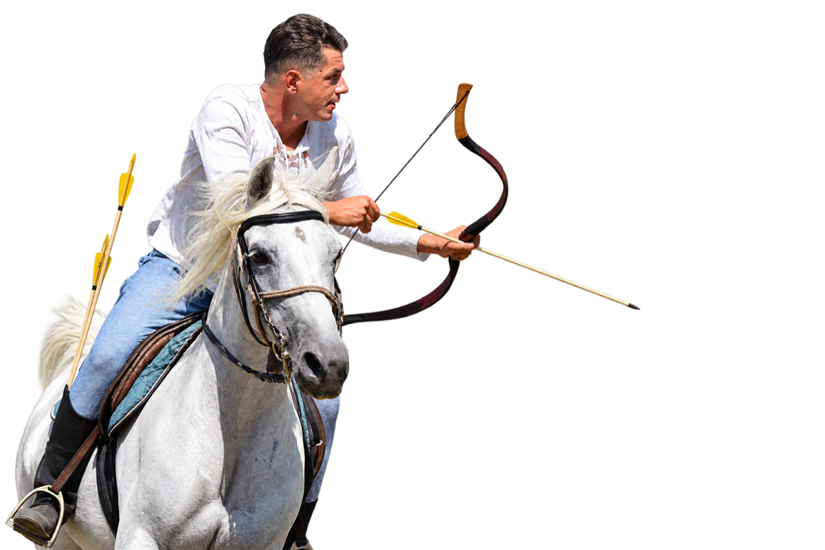A horseback archer on a grey horse drawing his bow