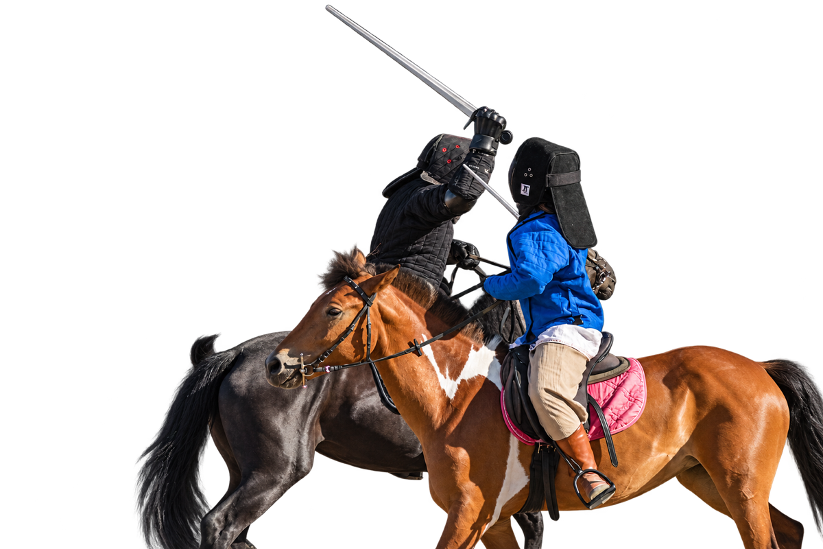 Two riders fencing with longswords on horseback